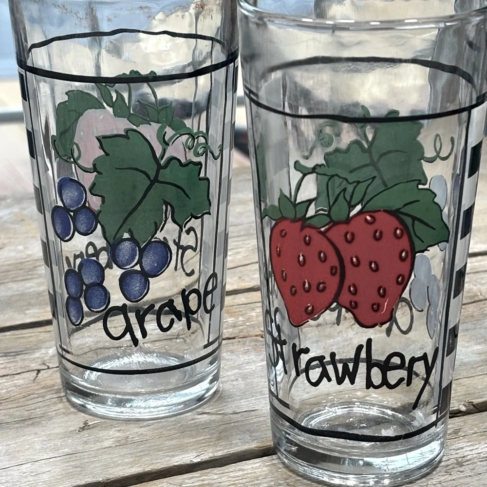 4 Vintage KIG Checkerboard Fruit Glasses. Numbered | Grape | Strawberry | Fruit